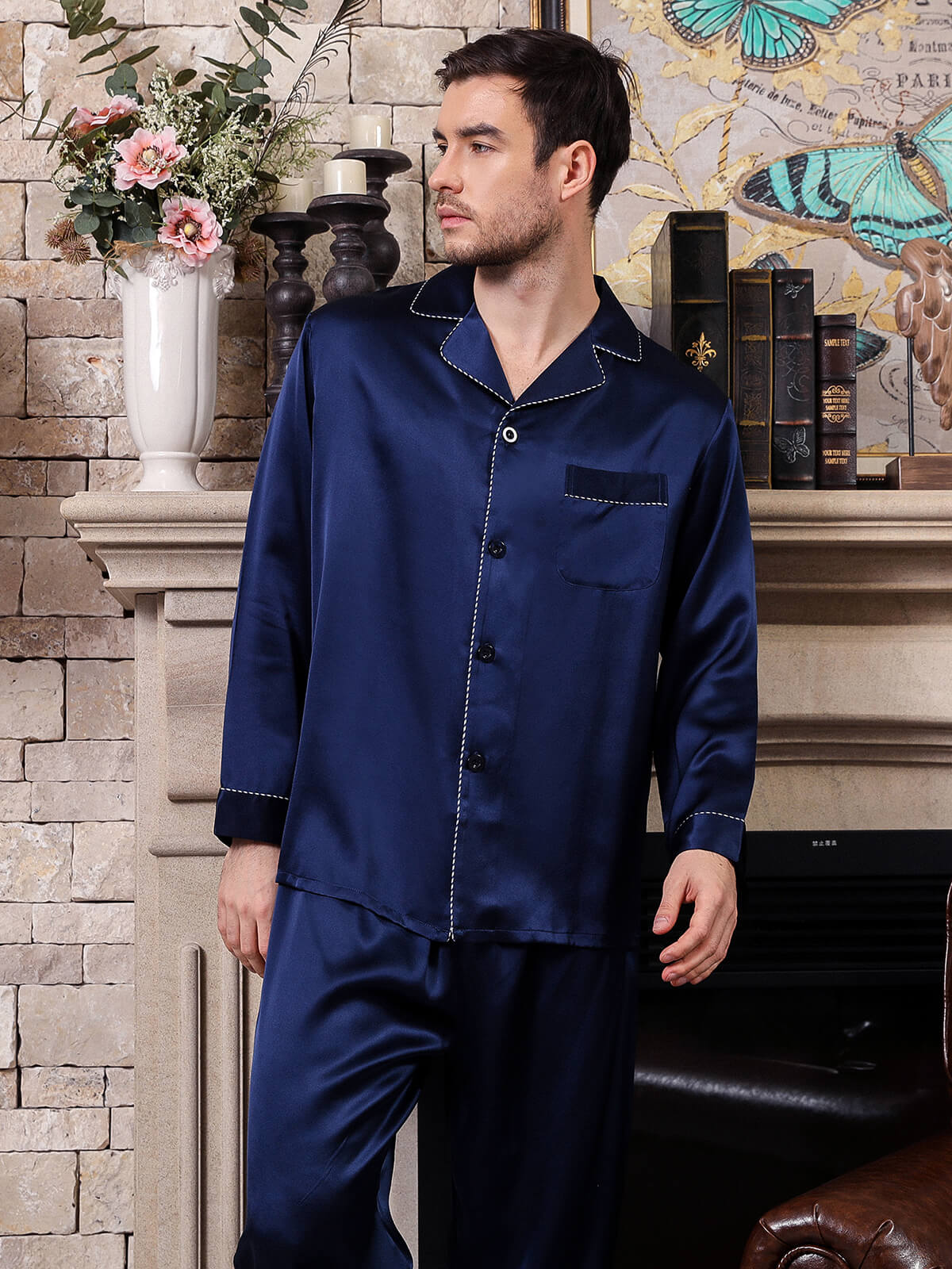 22 Momme Men's Classic Navy Blue Button-Down Silk Pajama Set