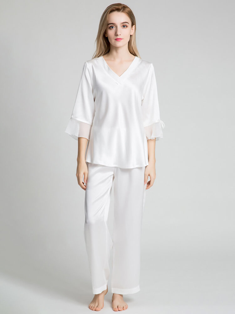 22 Momme Women's V-Neck 3/4 Sleeve Silk Pajama Set Ruffle Cuffs