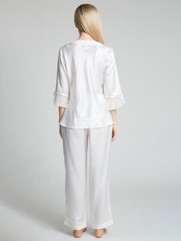 22 Momme Women's V-Neck 3/4 Sleeve Silk Pajama Set Ruffle Cuffs