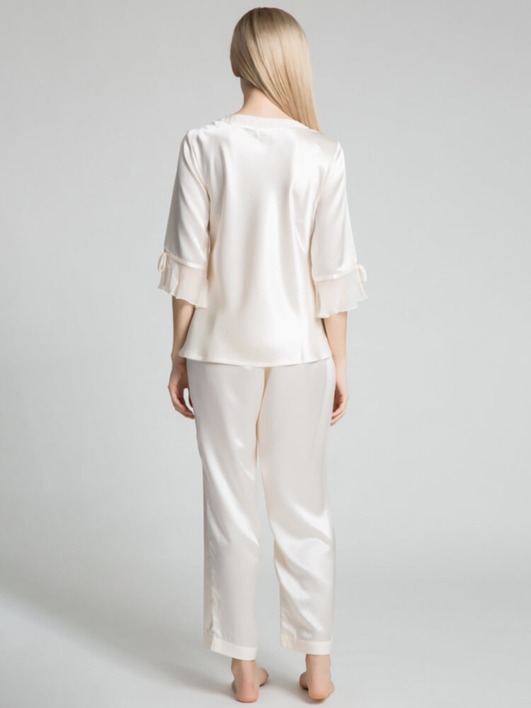22 Momme Women's V-Neck 3/4 Sleeve Silk Pajama Set Ruffle Cuffs
