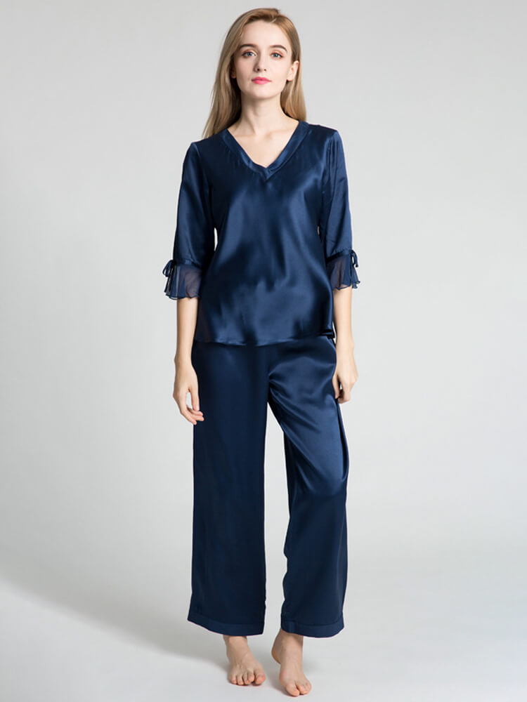 22 Momme Women's V-Neck 3/4 Sleeve Silk Pajama Set Ruffle Cuffs