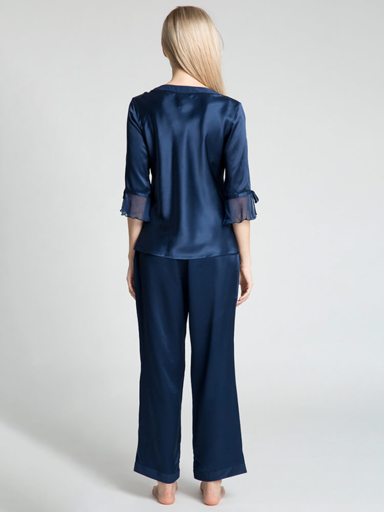 22 Momme Women's V-Neck 3/4 Sleeve Silk Pajama Set Ruffle Cuffs