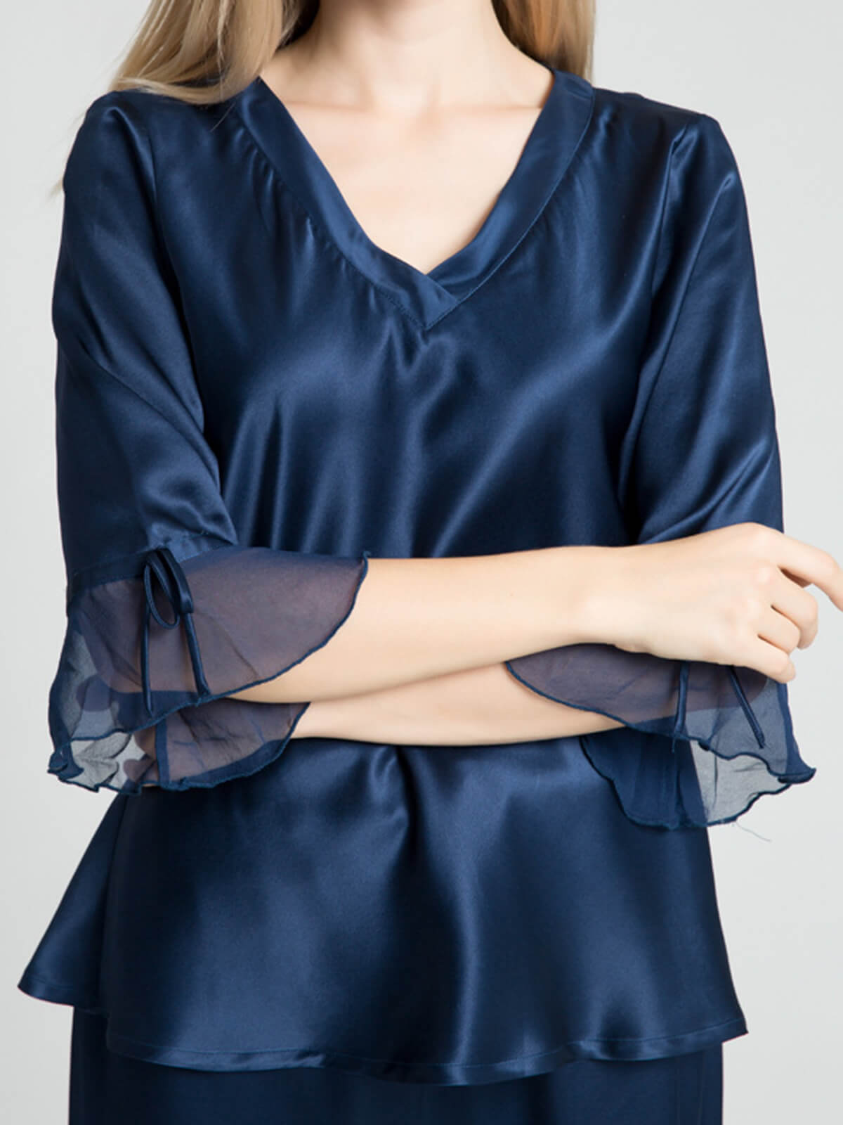 22 Momme Women's V-Neck 3/4 Sleeve Silk Pajama Set Ruffle Cuffs