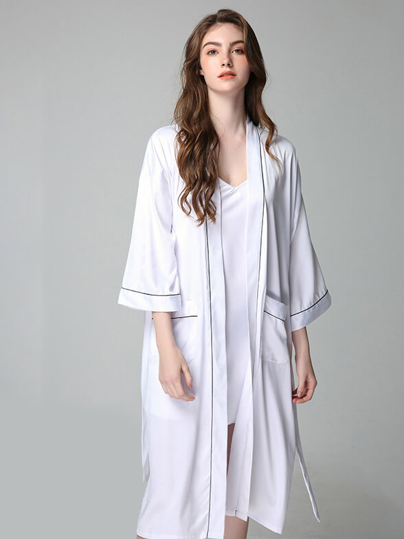 22 Momme Long Silk Nightgown and Robe Set with Piping