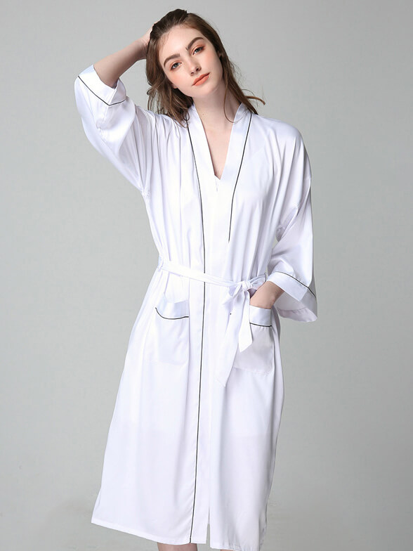22 Momme Long Silk Nightgown and Robe Set with Piping