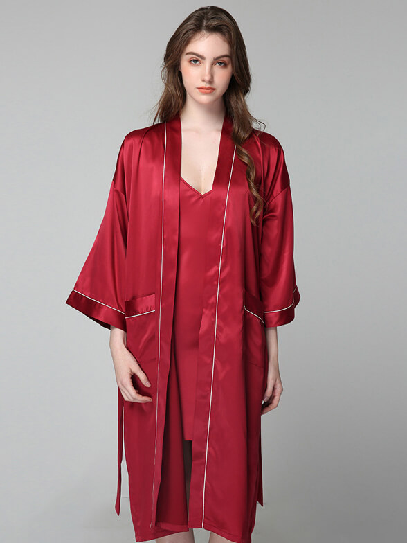 22 Momme Long Silk Nightgown and Robe Set with Piping