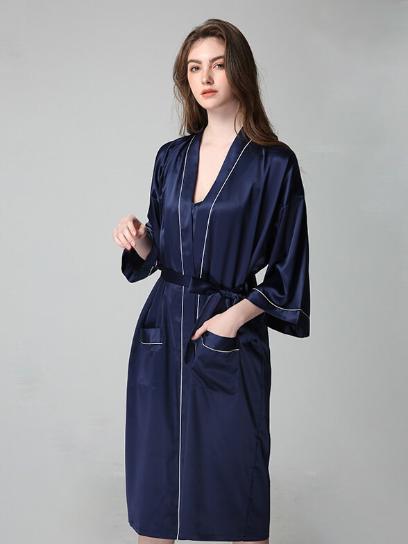 22 Momme Long Silk Nightgown and Robe Set with Piping