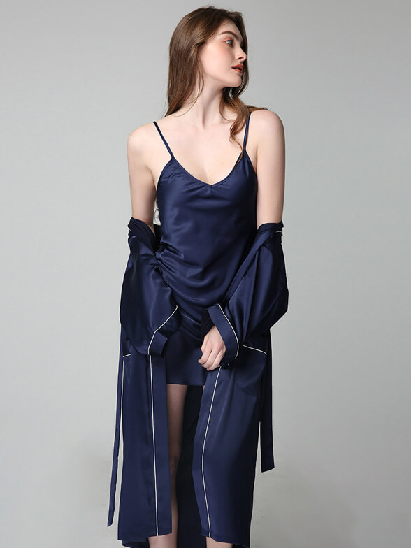 22 Momme Long Silk Nightgown and Robe Set with Piping