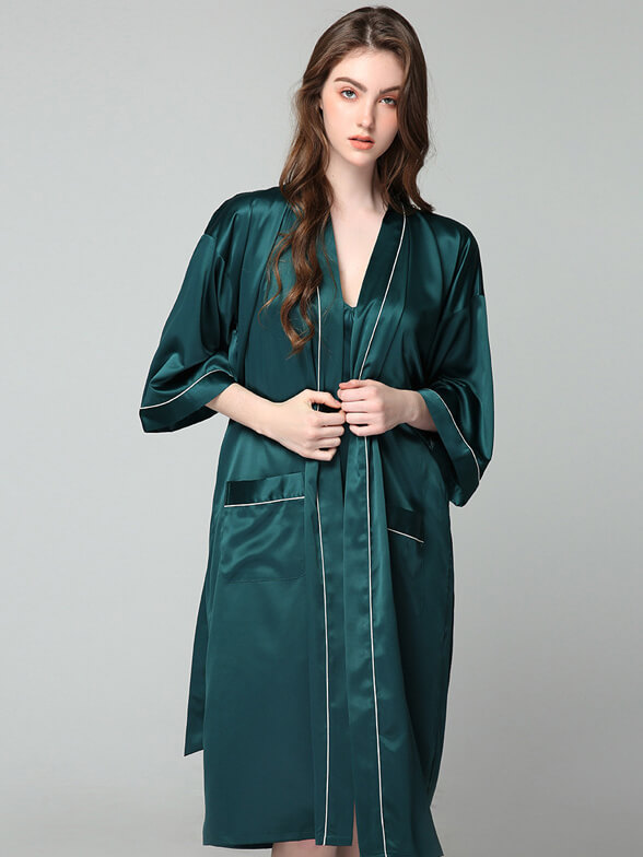 22 Momme Long Silk Nightgown and Robe Set with Piping