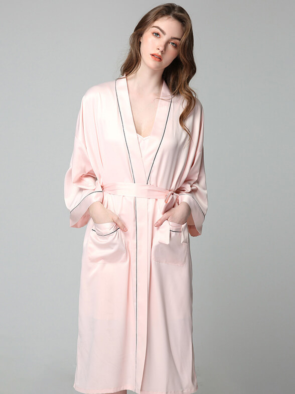22 Momme Long Silk Nightgown and Robe Set with Piping