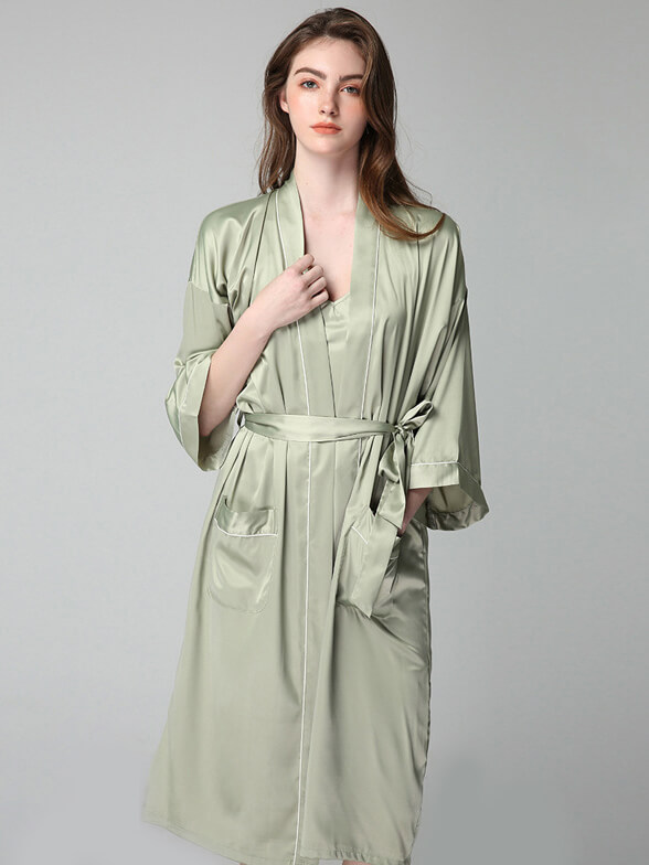 22 Momme Long Silk Nightgown and Robe Set with Piping