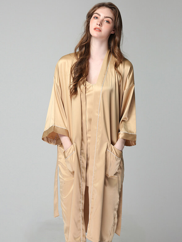 22 Momme Long Silk Nightgown and Robe Set with Piping