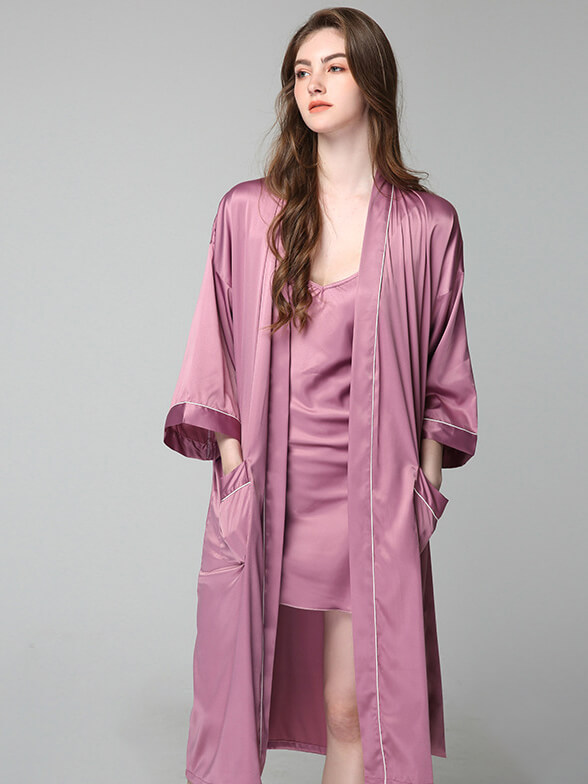 22 Momme Long Silk Nightgown and Robe Set with Piping
