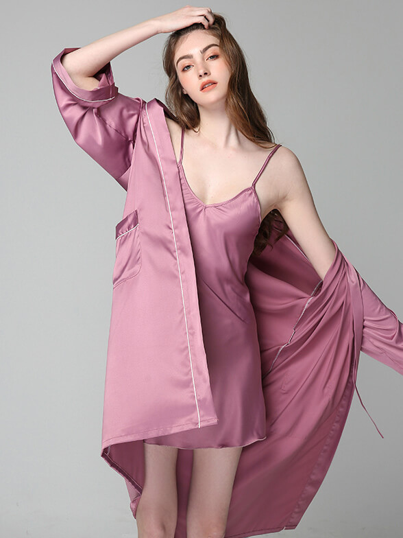 22 Momme Long Silk Nightgown and Robe Set with Piping