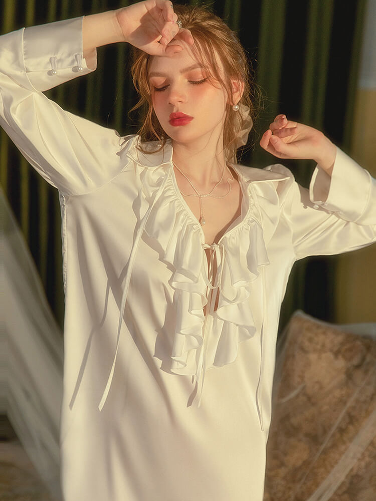 22 Momme Ruffled Tie V-Neck Long Sleeve Silk Shirt Nightgown