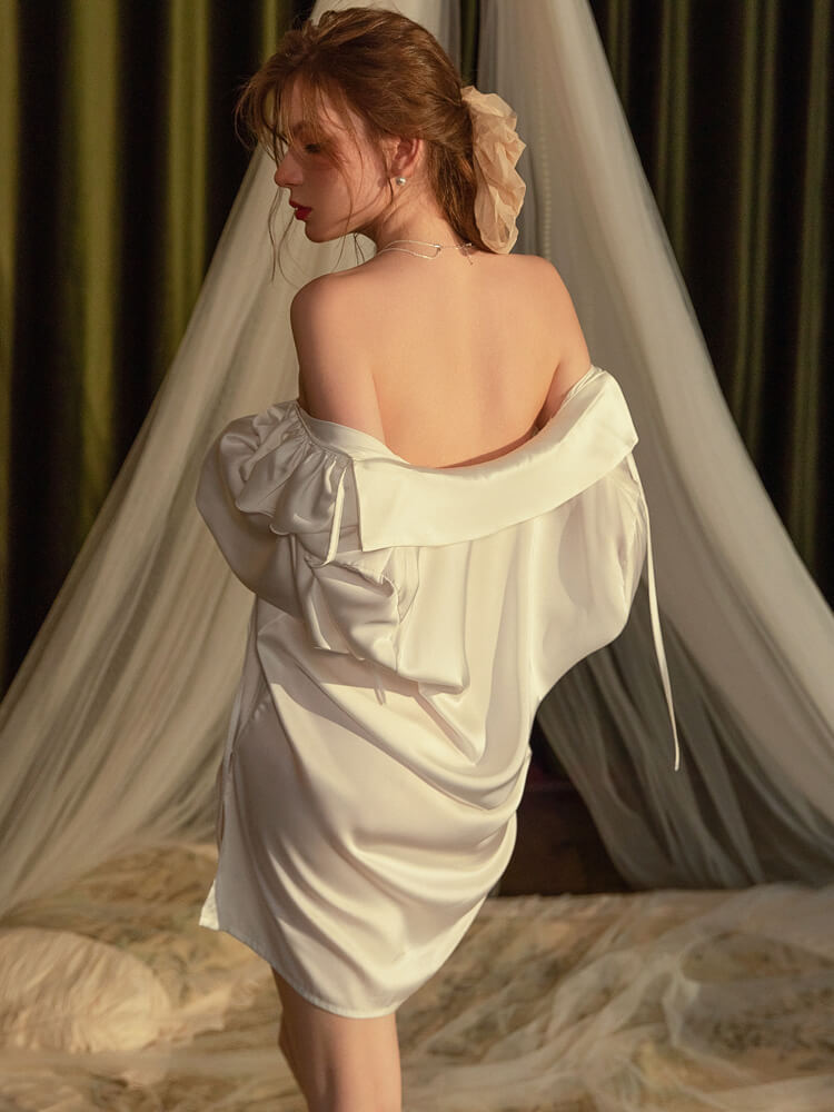 22 Momme Ruffled Tie V-Neck Long Sleeve Silk Shirt Nightgown