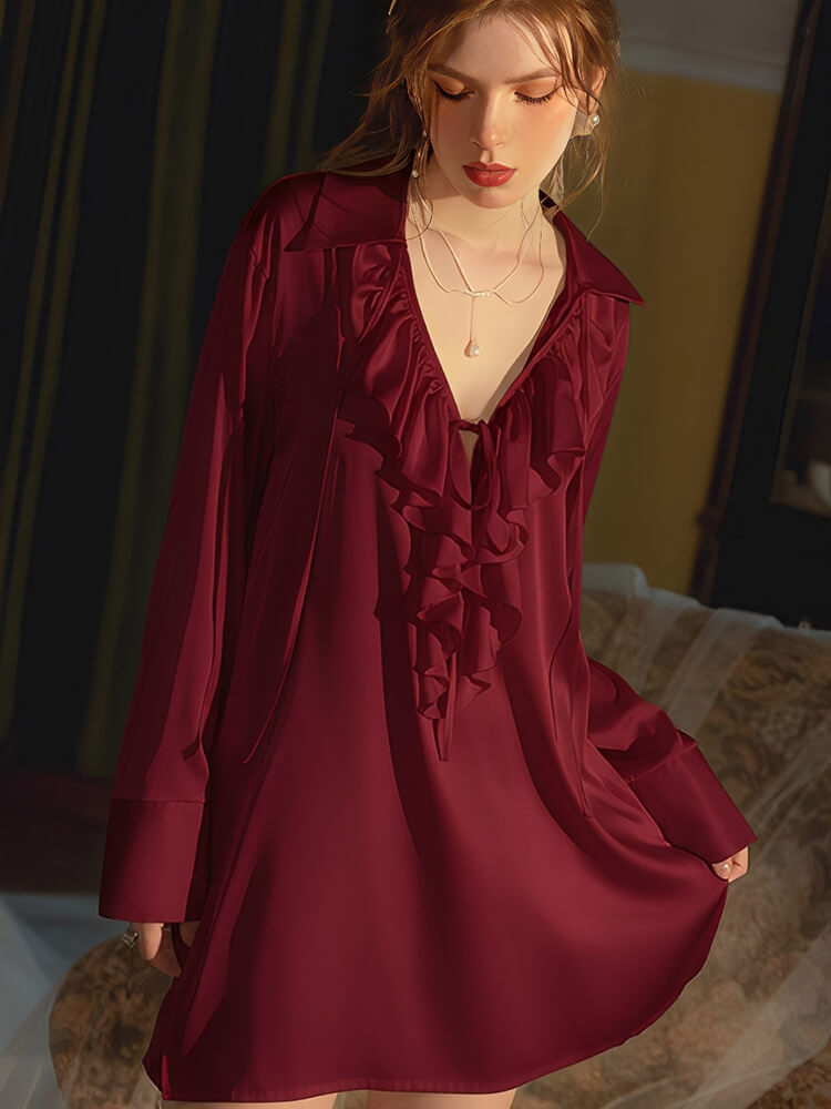 22 Momme Ruffled Tie V-Neck Long Sleeve Silk Shirt Nightgown