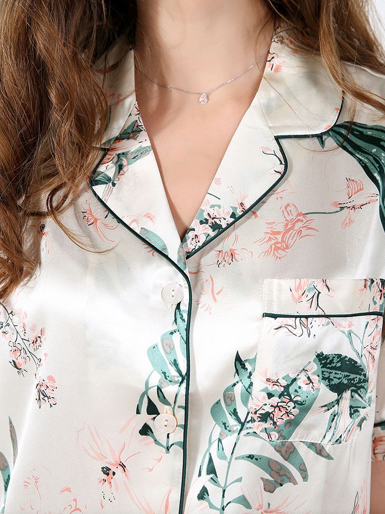 22 Momme Leaves Printed 100% Silk Pajama Shorts Set