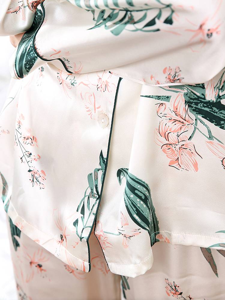 22 Momme Beige Flowers and Leaves Printed Silk Pajamas Set