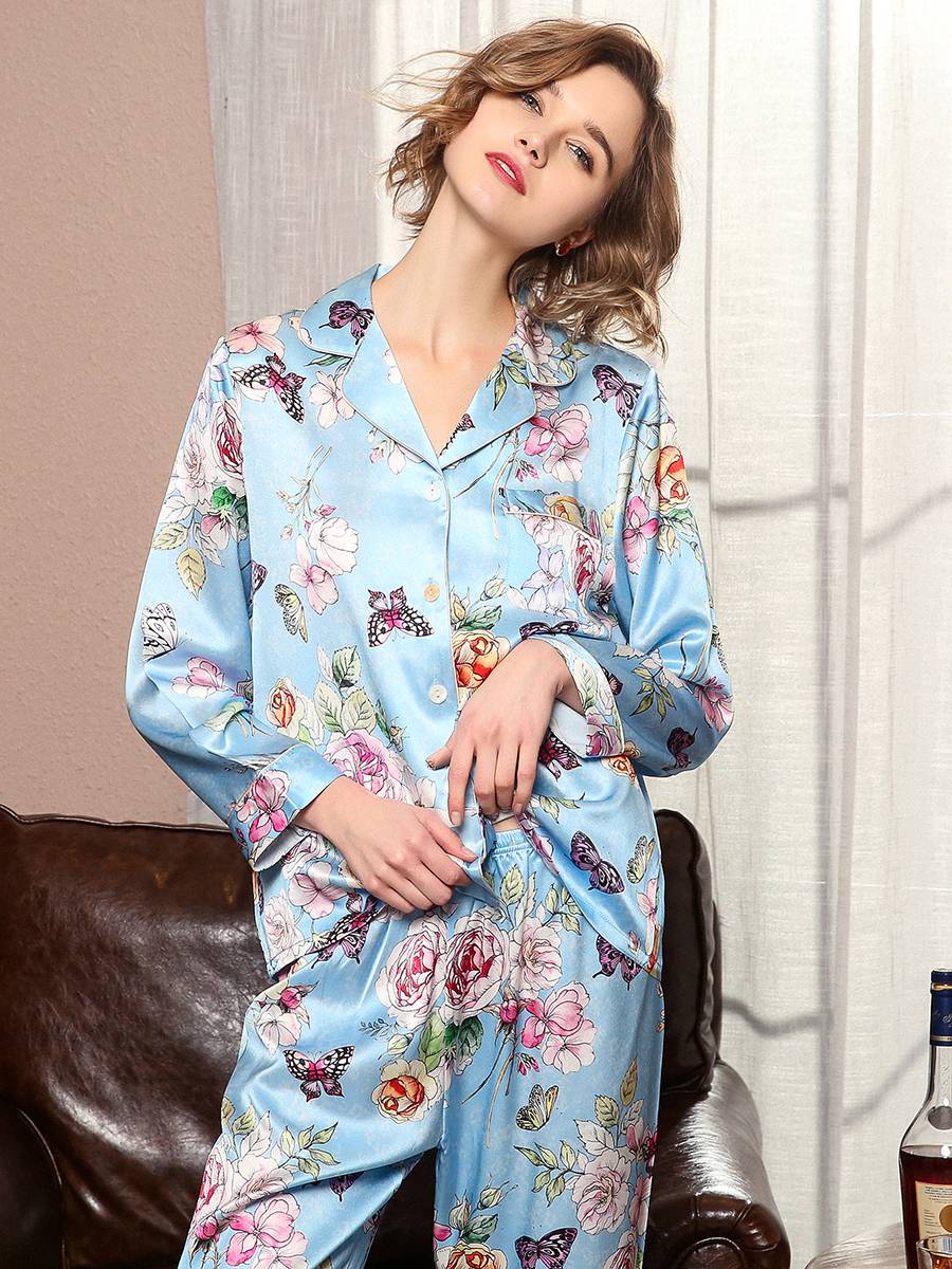 22 Momme Floral and Butterfly Printed Long Silk Pajama Set