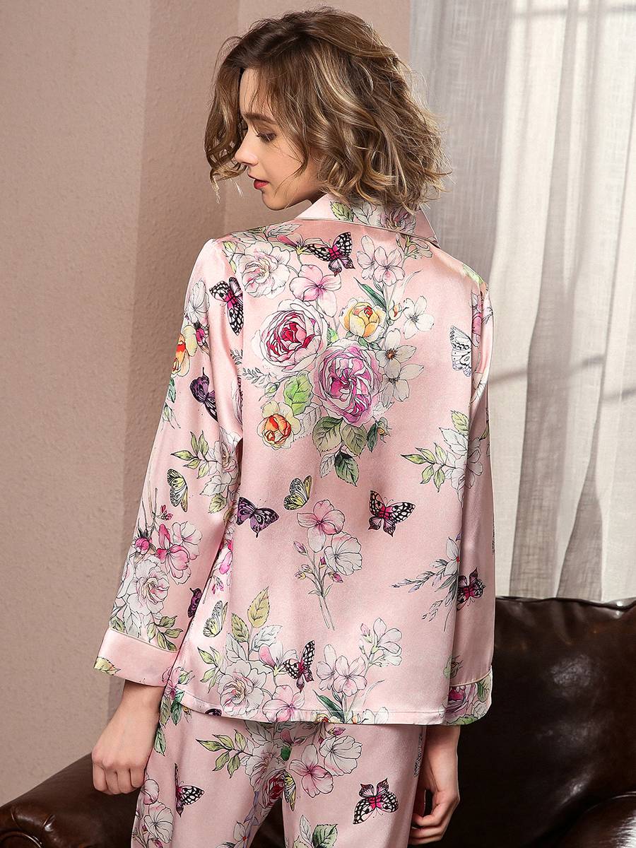 22 Momme Floral and Butterfly Printed Long Silk Pajama Set