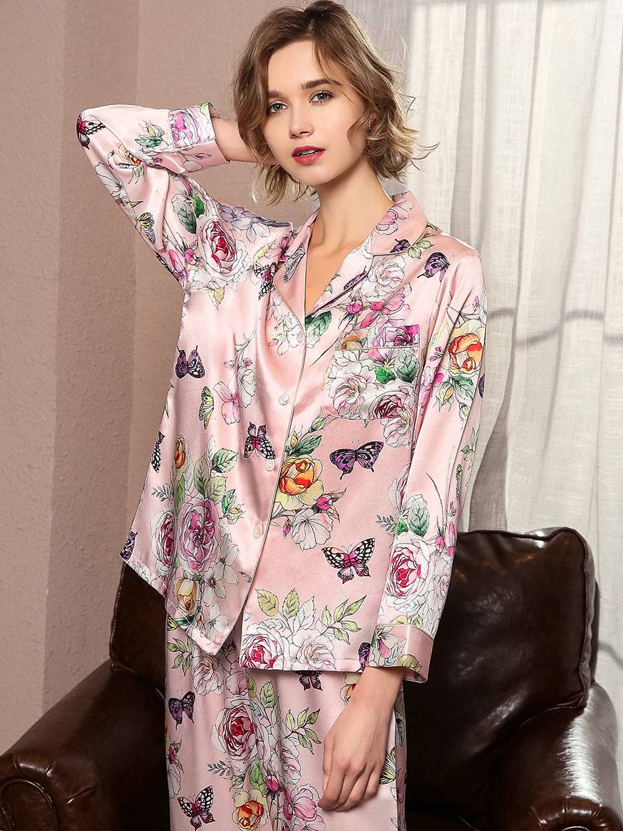 22 Momme Floral and Butterfly Printed Long Silk Pajama Set