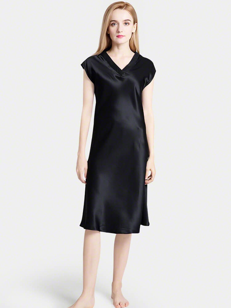 22 Momme V-Neck Cap Sleeve Bias-Cut Mulberry Silk Midi Nightgown