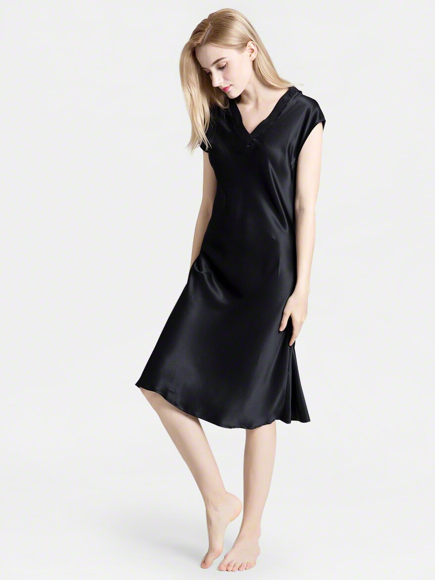 22 Momme V-Neck Cap Sleeve Bias-Cut Mulberry Silk Midi Nightgown