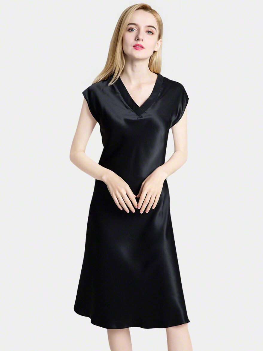 22 Momme V-Neck Cap Sleeve Bias-Cut Mulberry Silk Midi Nightgown