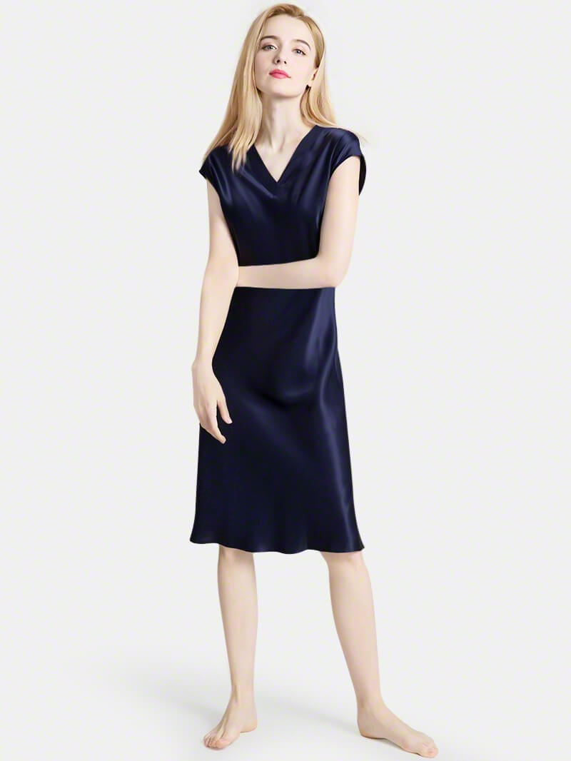 22 Momme V-Neck Cap Sleeve Bias-Cut Mulberry Silk Midi Nightgown