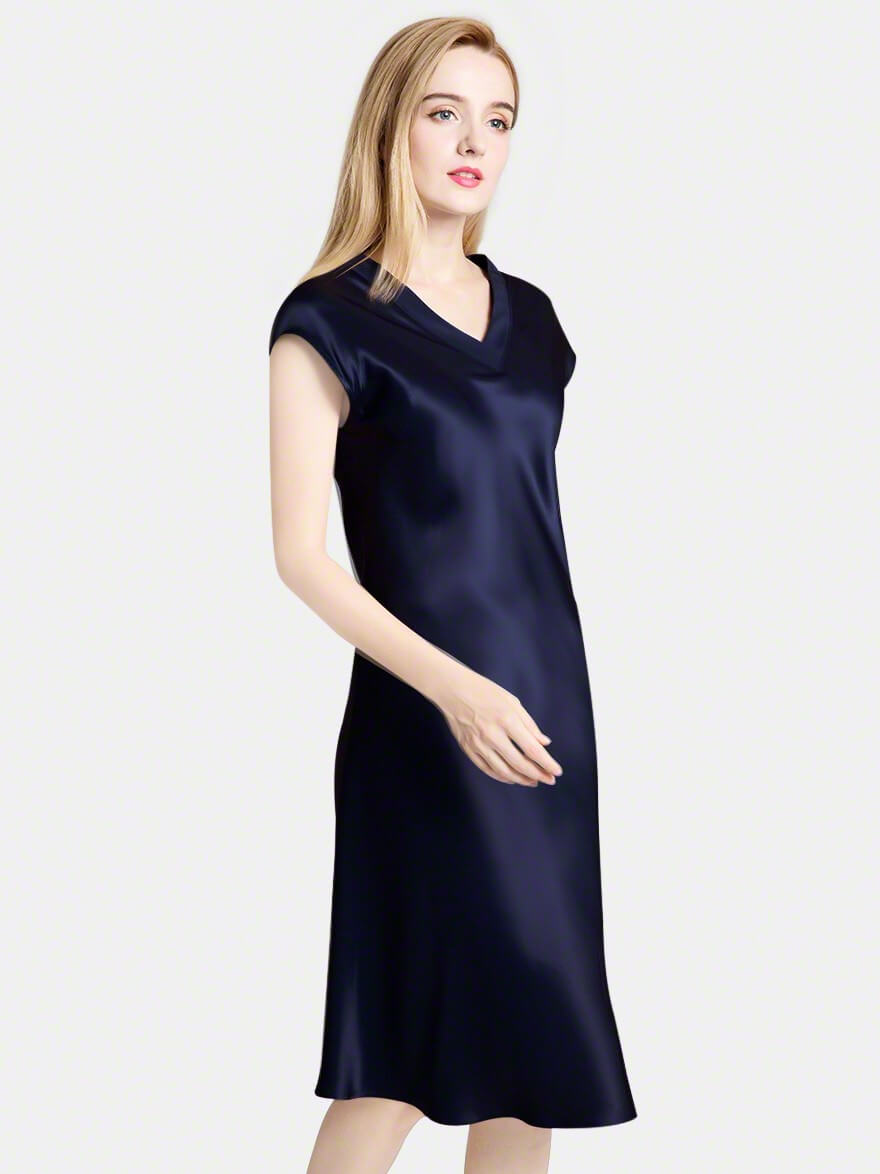 22 Momme V-Neck Cap Sleeve Bias-Cut Mulberry Silk Midi Nightgown