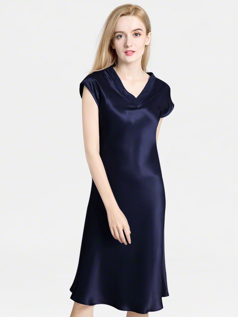 22 Momme V-Neck Cap Sleeve Bias-Cut Mulberry Silk Midi Nightgown