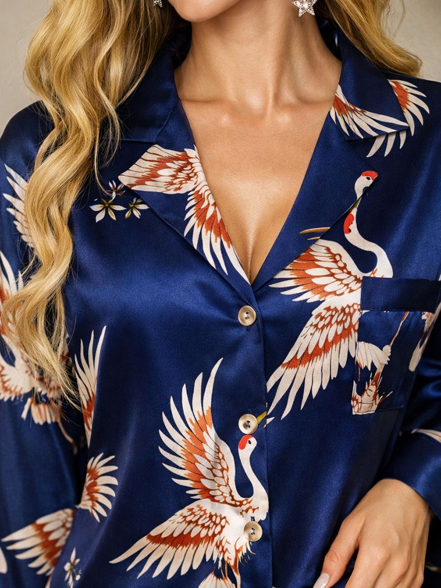 22 Momme Crane Print High-Low Hem Pure Silk Nightshirt for Women