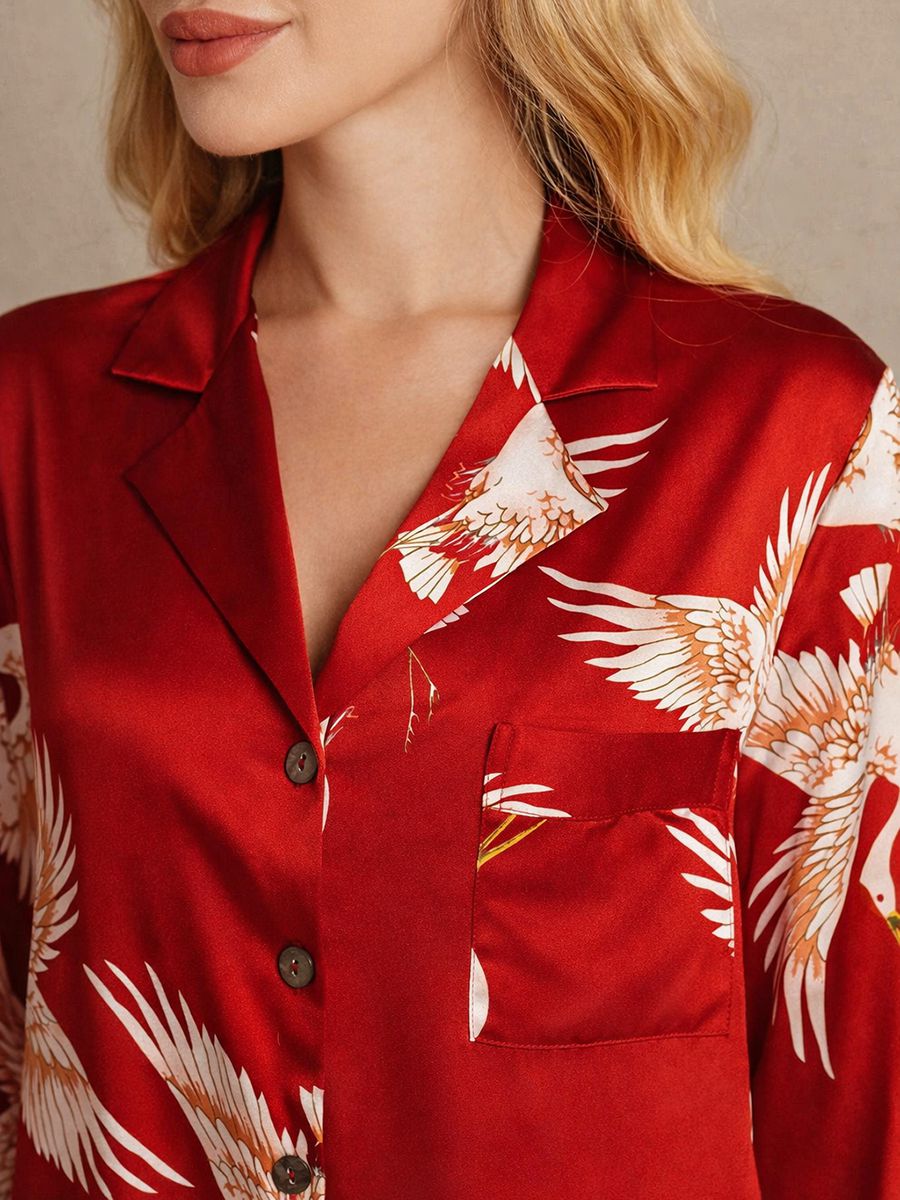 22 Momme Crane Print High-Low Hem Pure Silk Nightshirt for Women