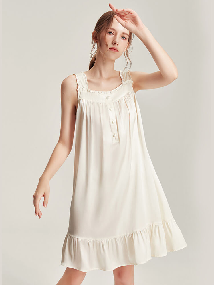 22 Momme Ruffle Trim Sleeveless White Mulberry Silk Nightgown