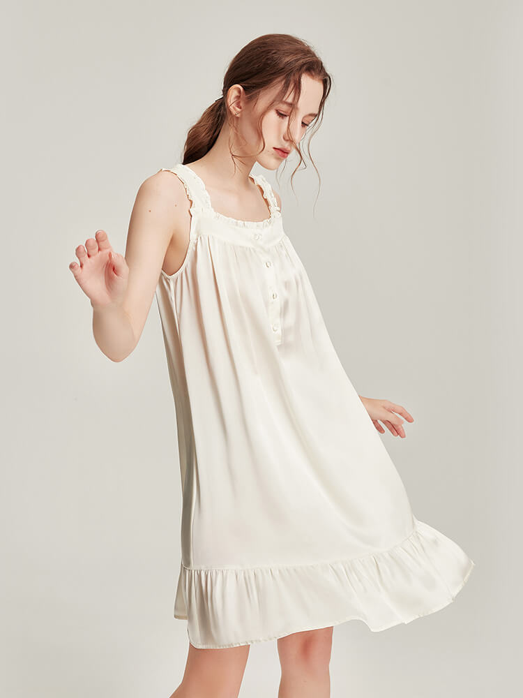22 Momme Ruffle Trim Sleeveless White Mulberry Silk Nightgown