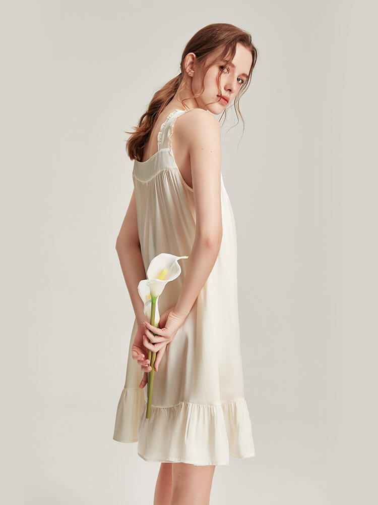 22 Momme Ruffle Trim Sleeveless White Mulberry Silk Nightgown