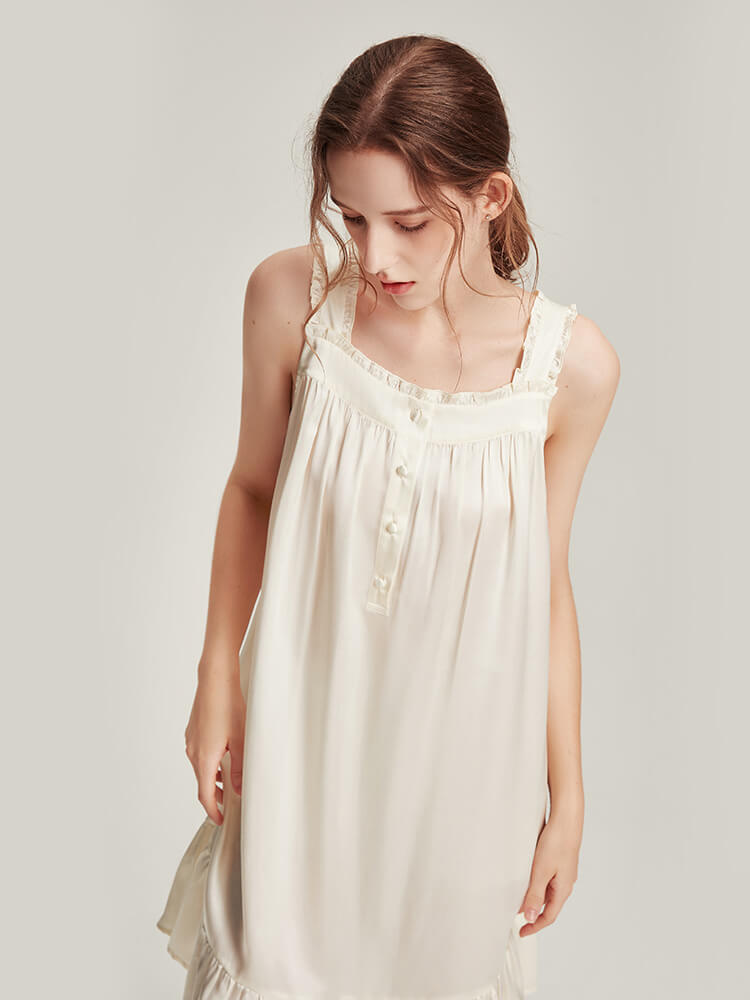 22 Momme Ruffle Trim Sleeveless White Mulberry Silk Nightgown