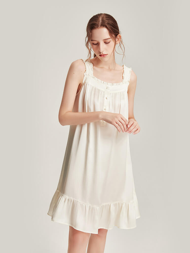 22 Momme Ruffle Trim Sleeveless White Mulberry Silk Nightgown