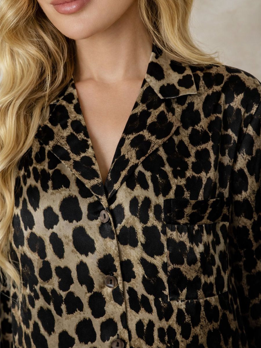 19 Momme Leopard Printed Long Sleeve Silk Nightshirt for Women