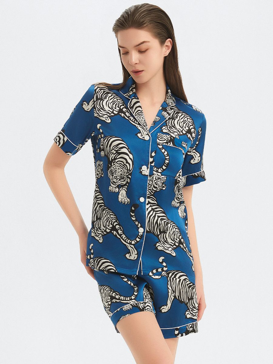 22 Momme Tiger Printed Dark Blue Women Silk Pajama Shorts Set