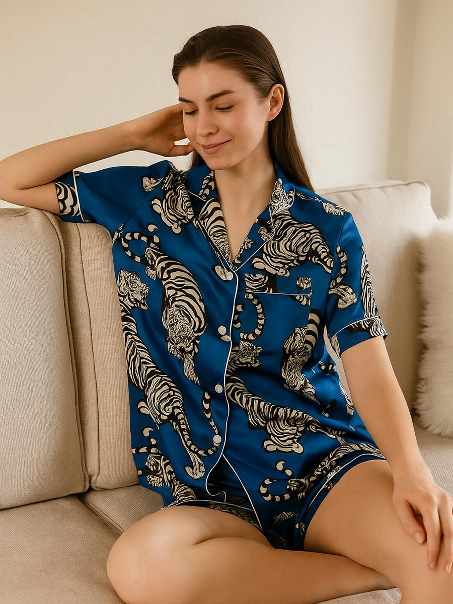 22 Momme Tiger Printed Dark Blue Women Silk Pajama Shorts Set
