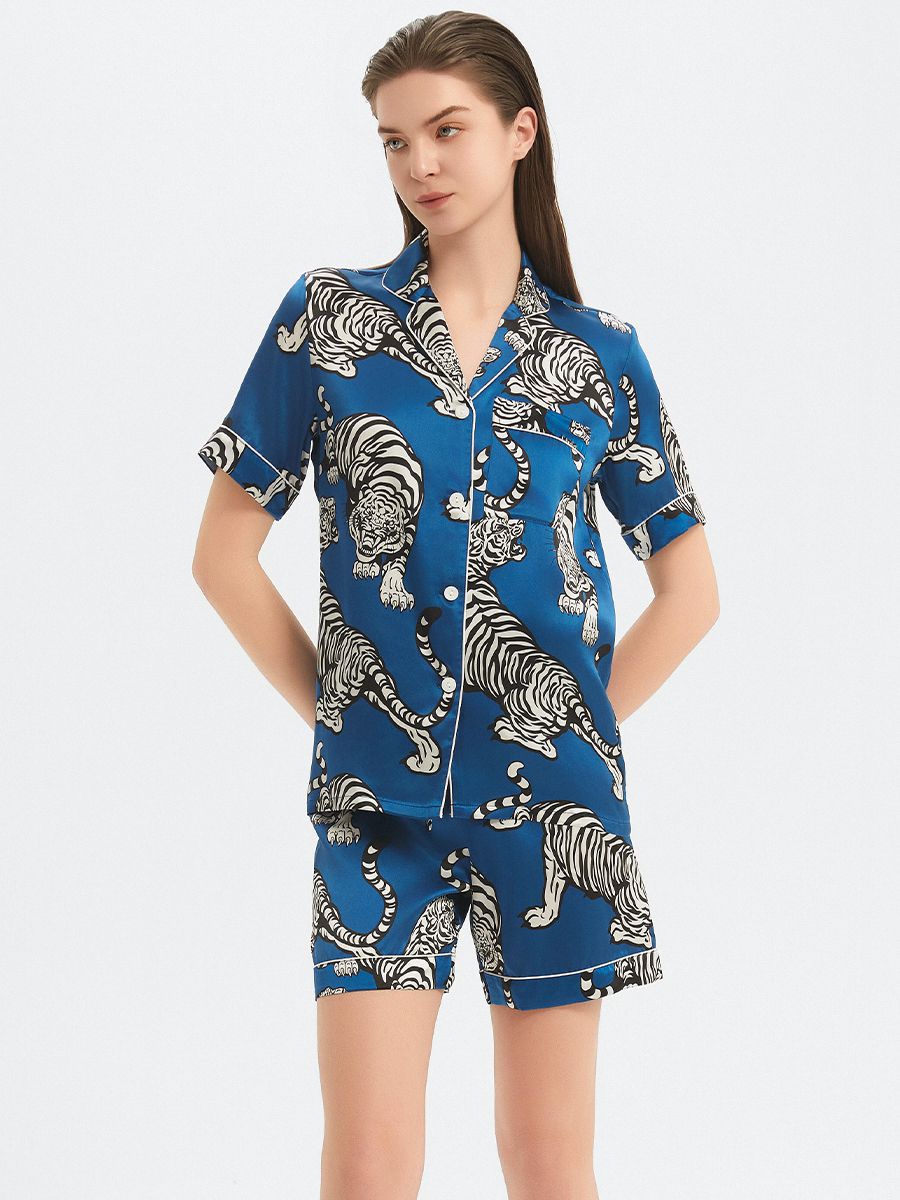 22 Momme Tiger Printed Dark Blue Women Silk Pajama Shorts Set