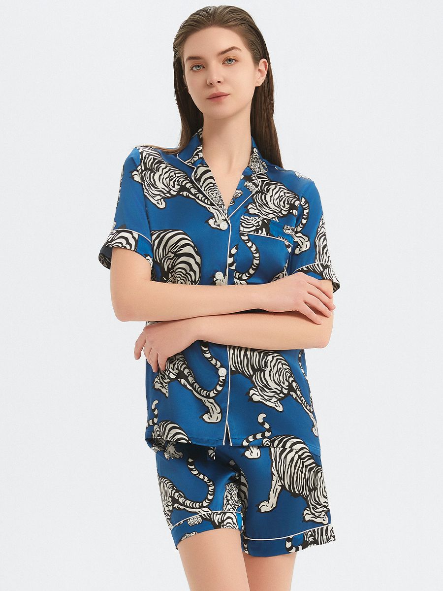 22 Momme Tiger Printed Dark Blue Women Silk Pajama Shorts Set