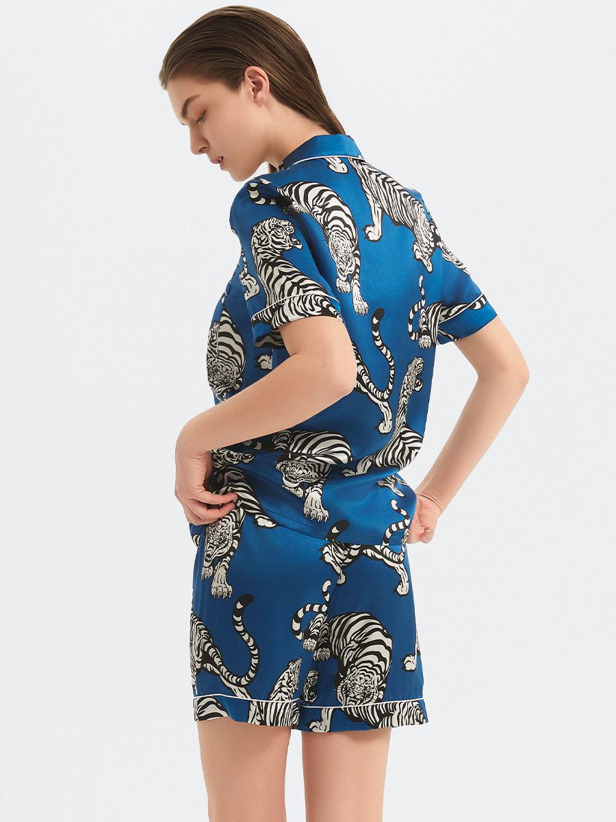 22 Momme Tiger Printed Dark Blue Women Silk Pajama Shorts Set