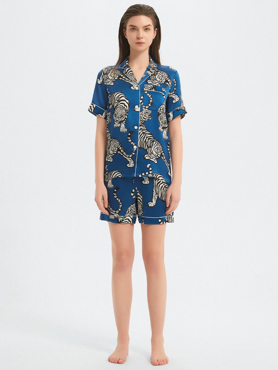 22 Momme Tiger Printed Dark Blue Women Silk Pajama Shorts Set
