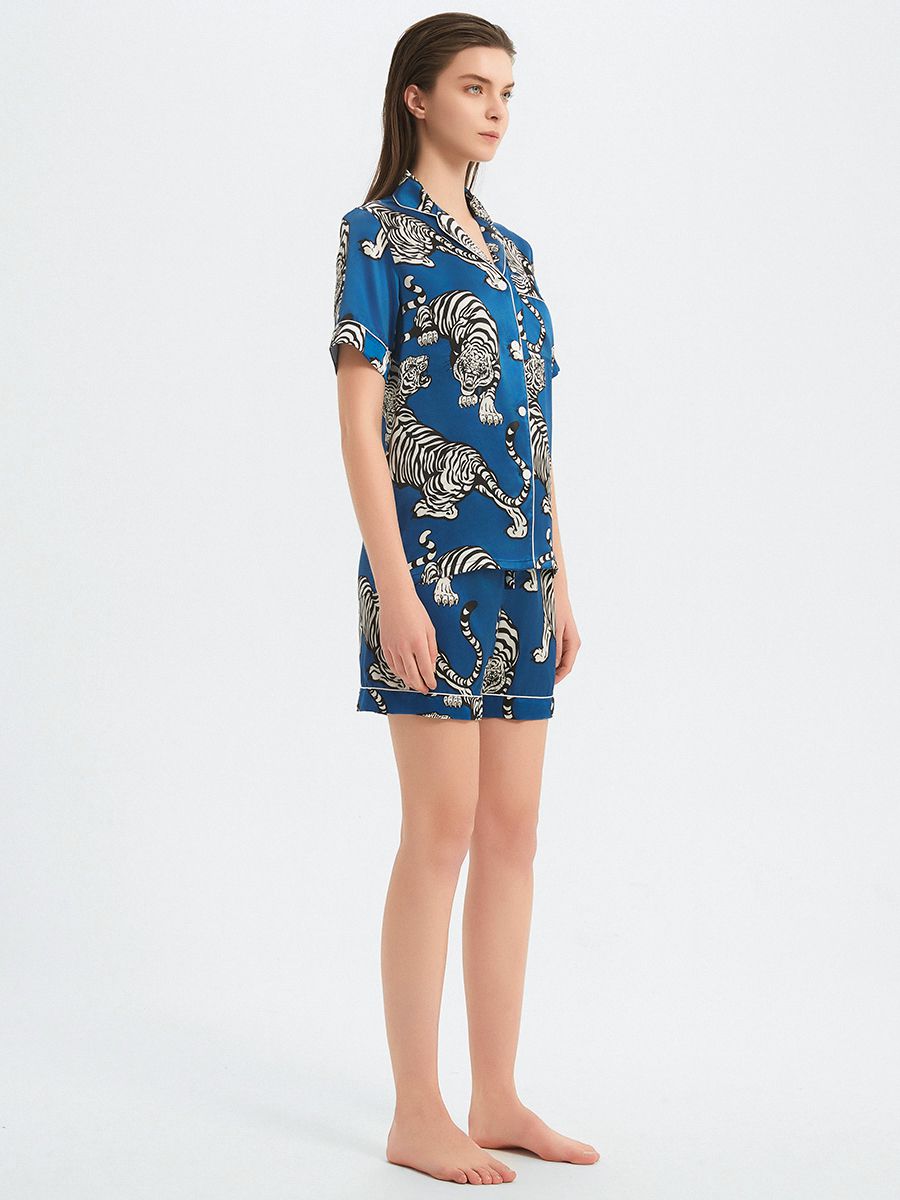 22 Momme Tiger Printed Dark Blue Women Silk Pajama Shorts Set