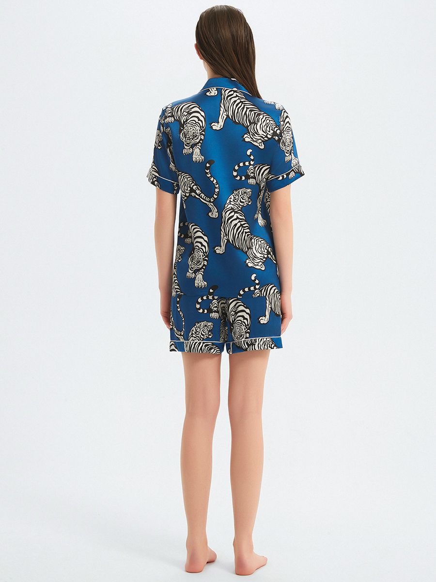 22 Momme Tiger Printed Dark Blue Women Silk Pajama Shorts Set
