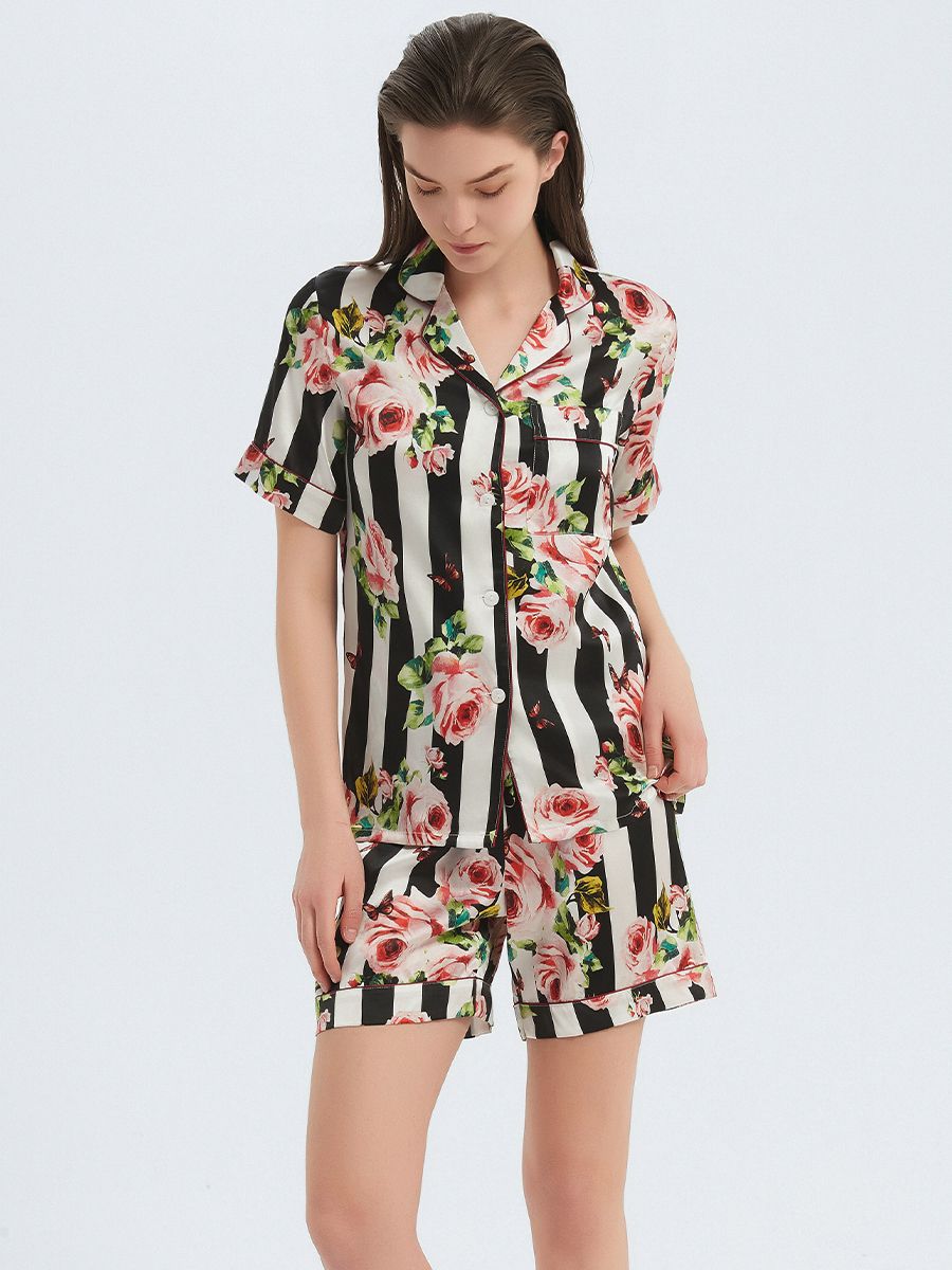 22 Momme Floral Striped Women Mulberry Silk Pajama Shorts Set