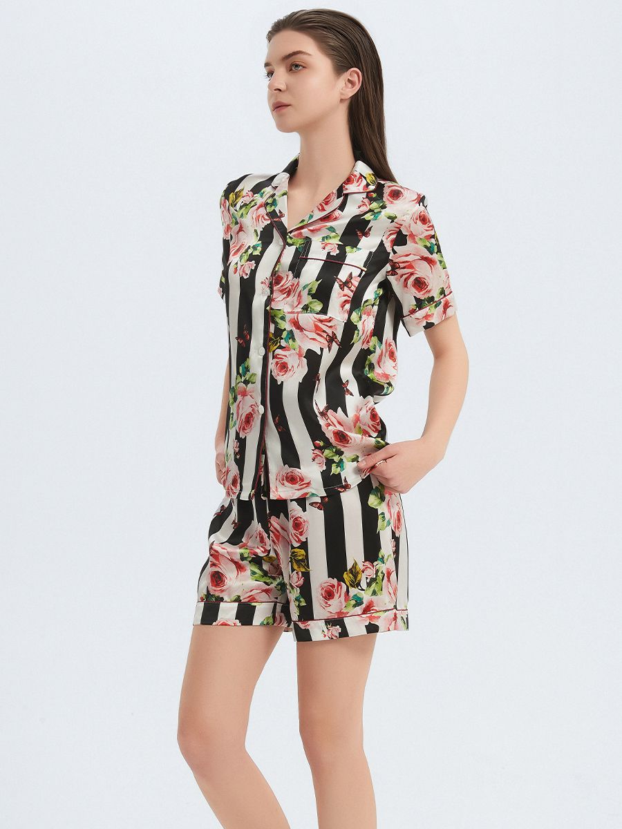 22 Momme Floral Striped Women Mulberry Silk Pajama Shorts Set
